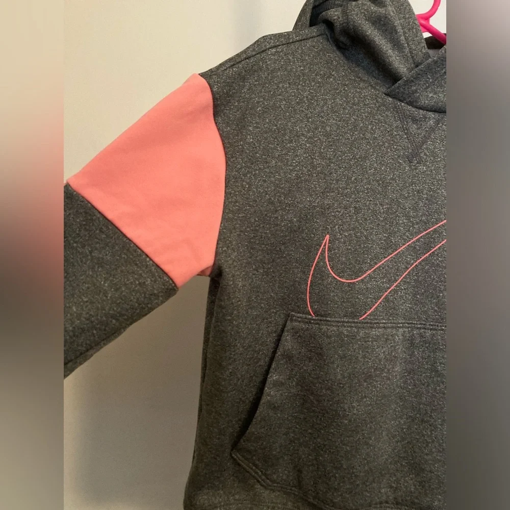 Nike Dri Fit Kids Heathered Gray and Pink Nike Swoosh Light Fleece Lined Hoodie